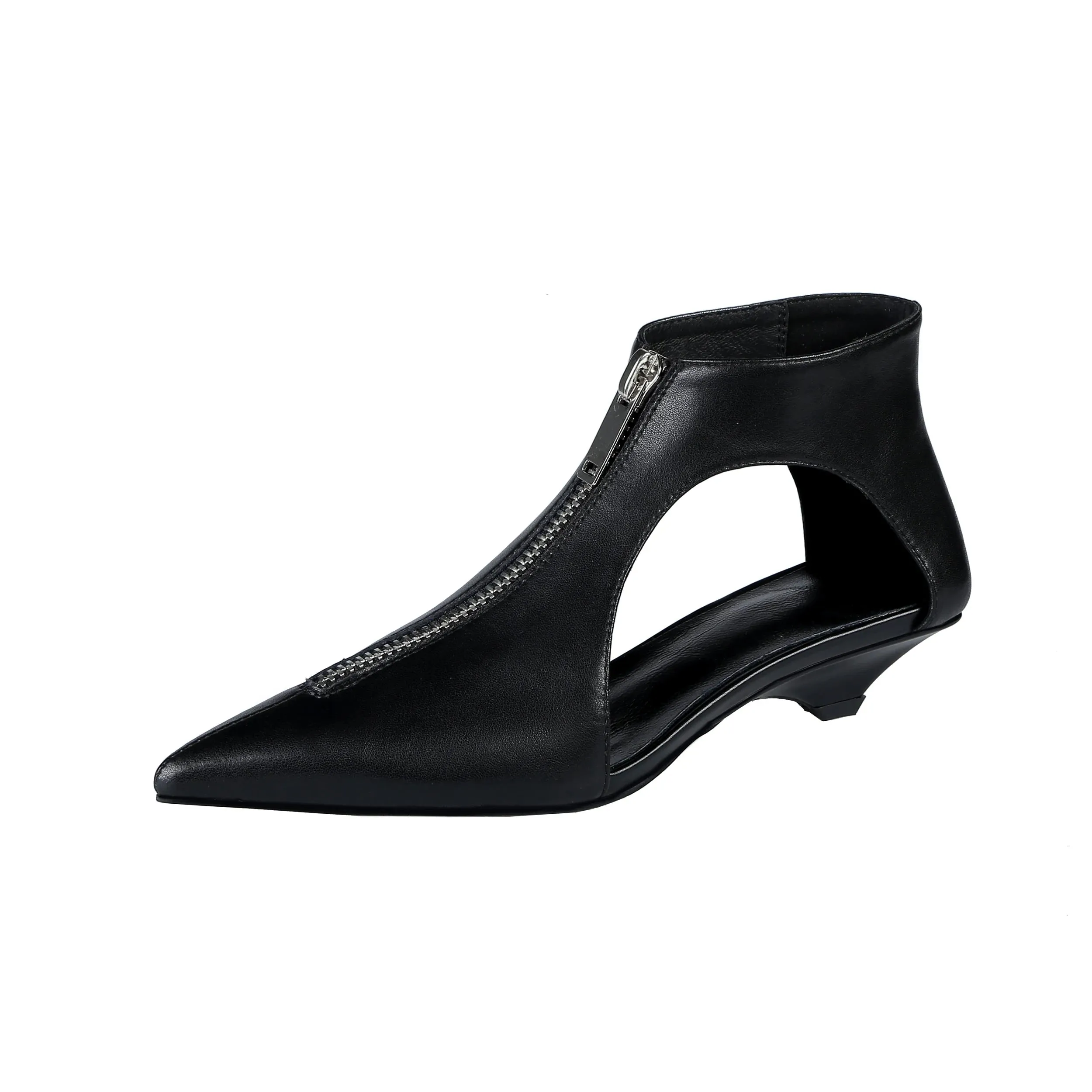 Hollow Design Low Heels Zipper Leather Shoes