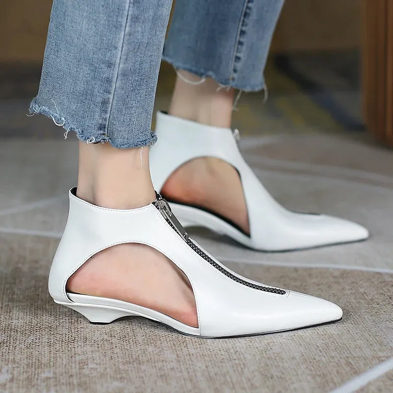 Hollow Design Low Heels Zipper Leather Shoes