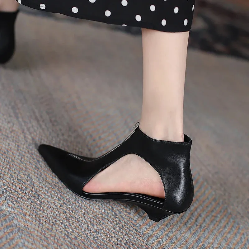 Hollow Design Low Heels Zipper Leather Shoes