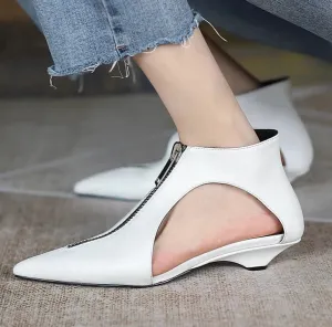 Hollow Design Low Heels Zipper Leather Shoes