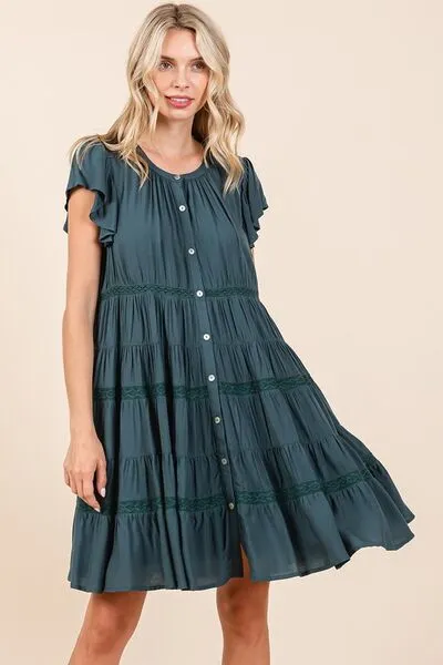 Lace Detail Ruffled Button Down Tiered Dress (Online Only/Ships from USA)