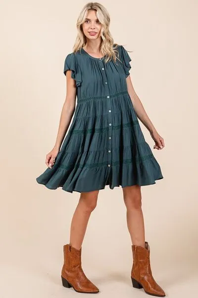 Lace Detail Ruffled Button Down Tiered Dress (Online Only/Ships from USA)