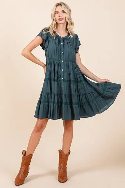Lace Detail Ruffled Button Down Tiered Dress (Online Only/Ships from USA)