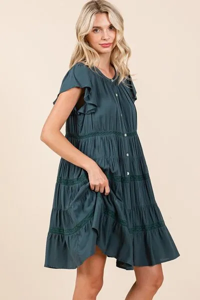 Lace Detail Ruffled Button Down Tiered Dress (Online Only/Ships from USA)