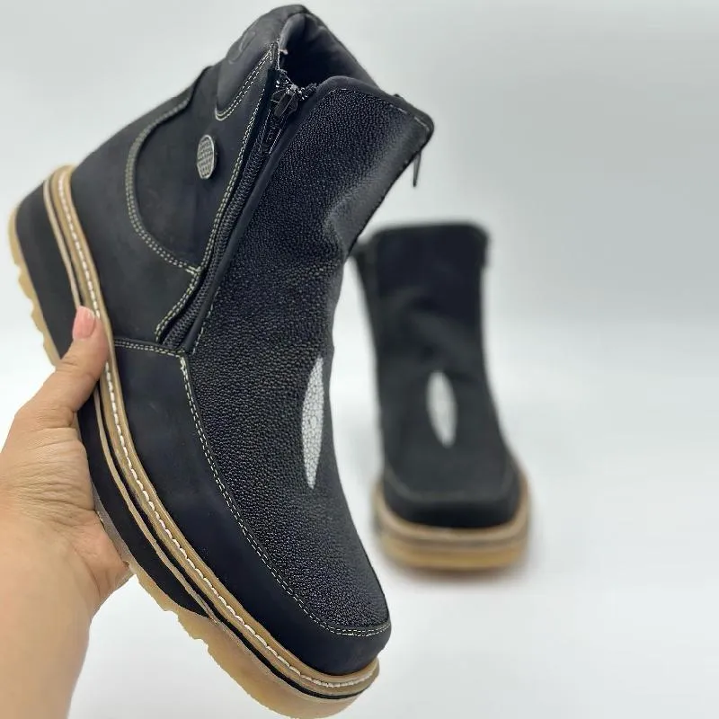 Men’s Black Leather Square Toe Ankle Boots