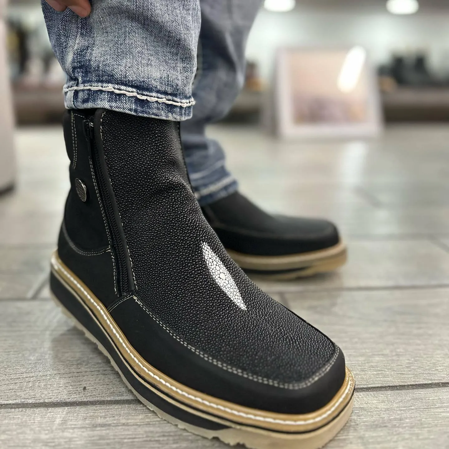 Men’s Black Leather Square Toe Ankle Boots