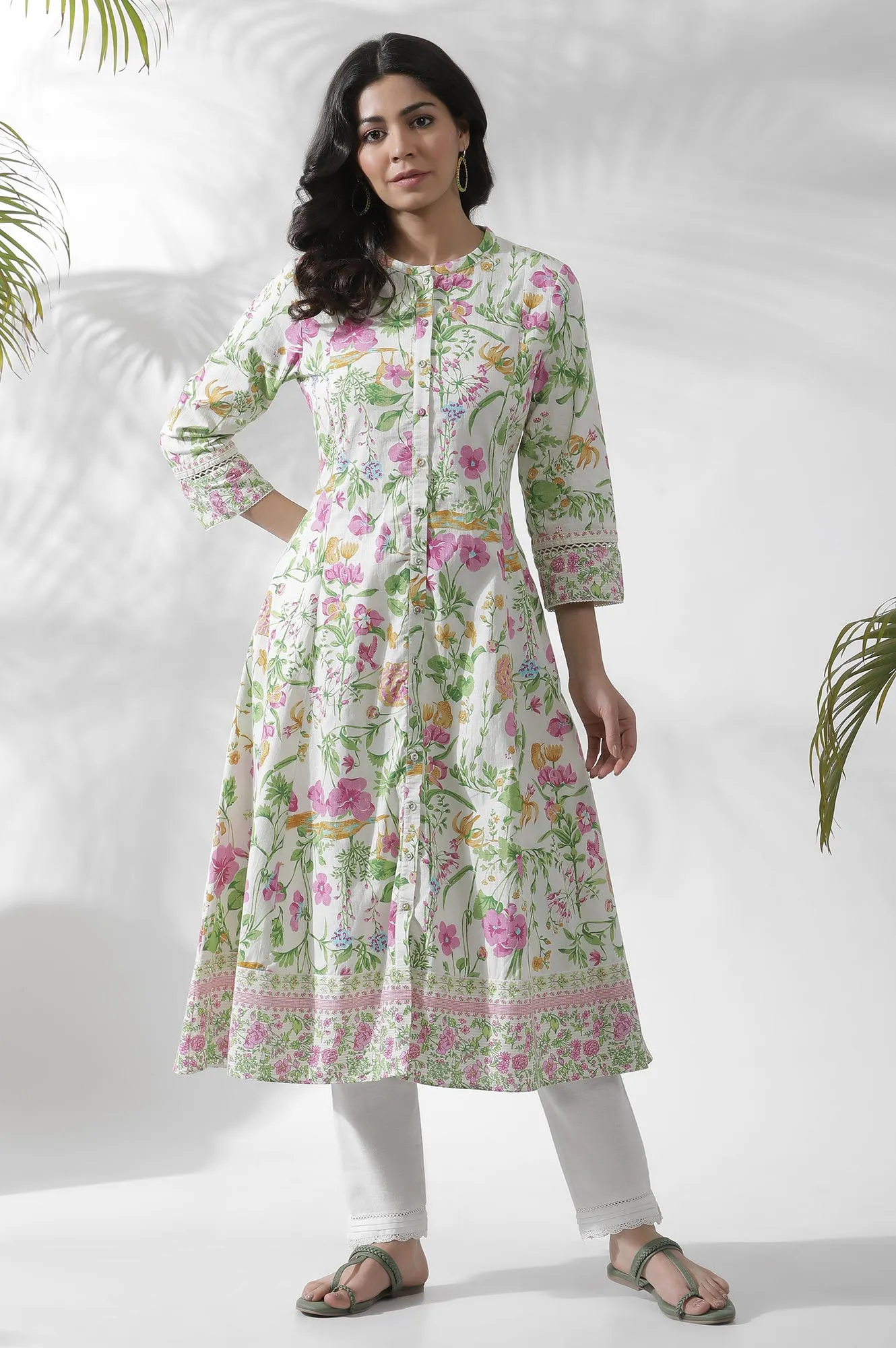 Off-White Floral Printed Flared Kurta