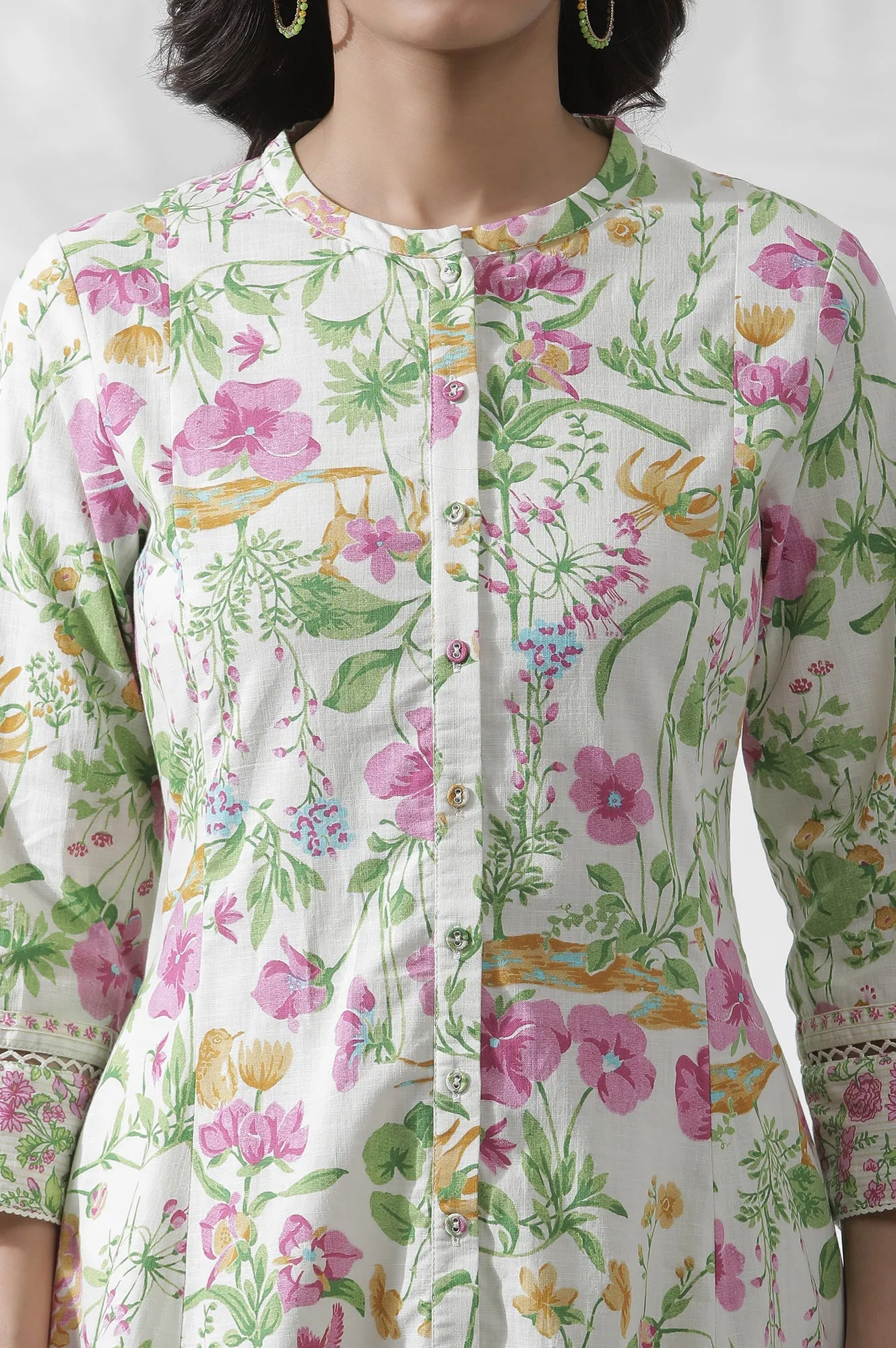 Off-White Floral Printed Flared Kurta