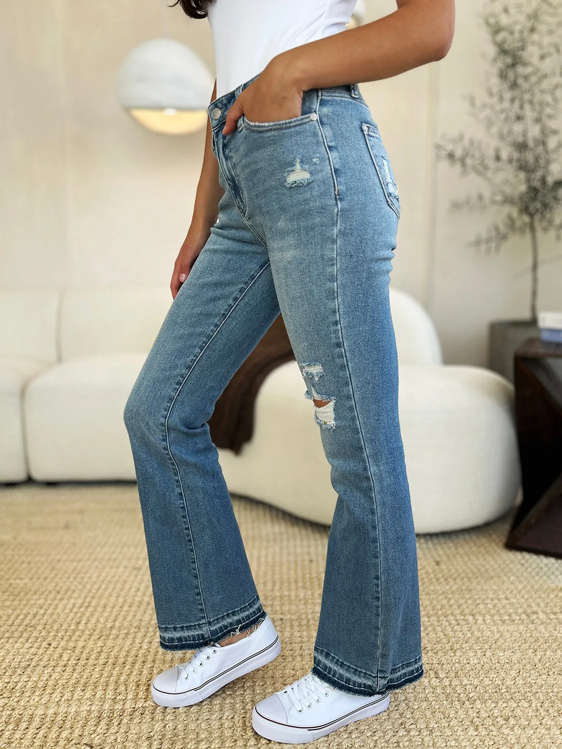 Online Judy Blue Full Size Mid Rise Destroyed Hem Distressed Jeans