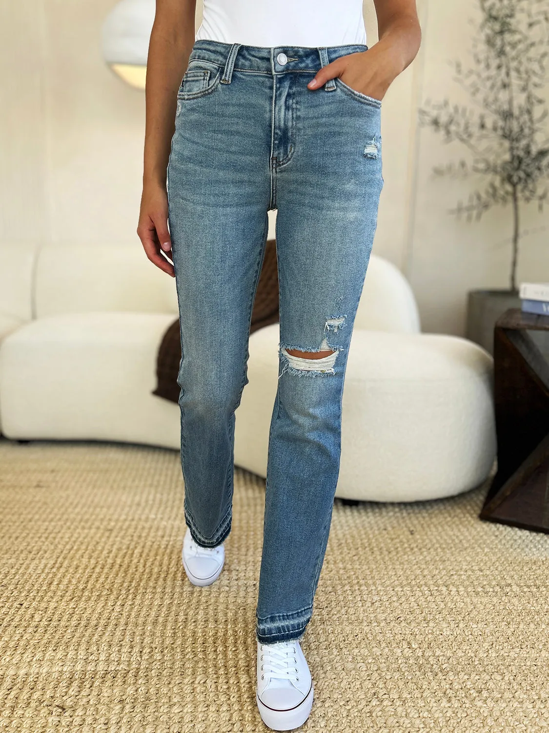 Online Judy Blue Full Size Mid Rise Destroyed Hem Distressed Jeans