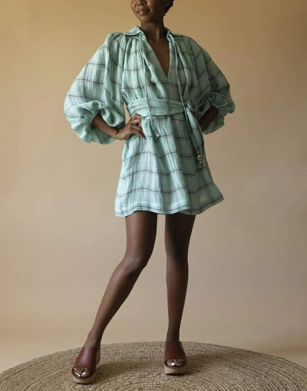 Poet Seafoam Windowpane Gauze Mini Dress