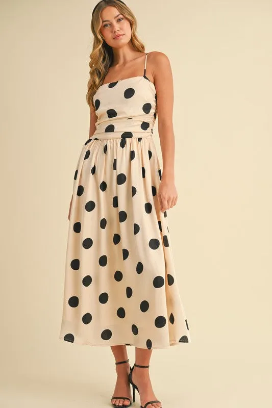 Polkadot Ruched Midi Flared Dress