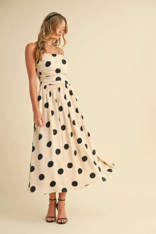 Polkadot Ruched Midi Flared Dress