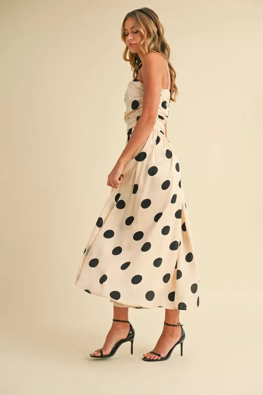 Polkadot Ruched Midi Flared Dress
