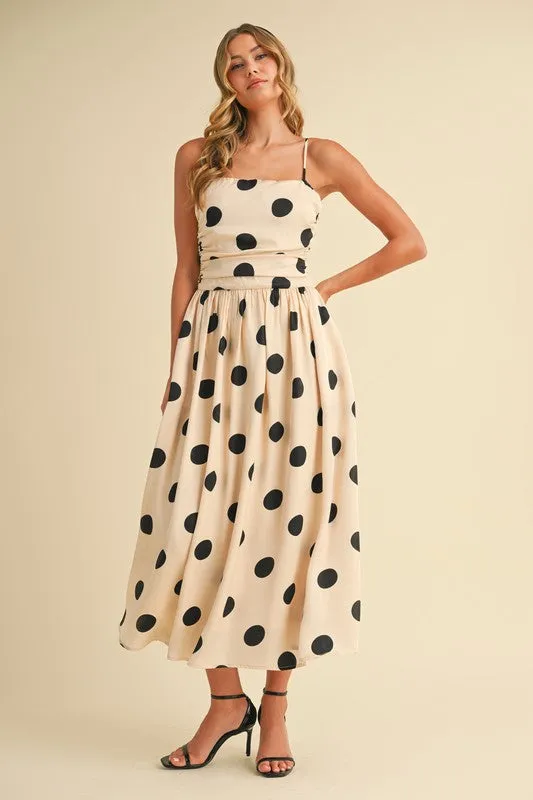 Polkadot Ruched Midi Flared Dress