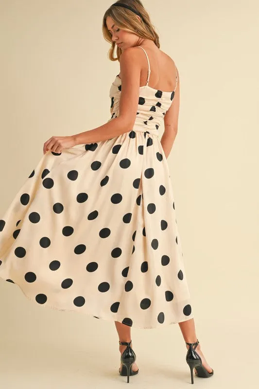 Polkadot Ruched Midi Flared Dress