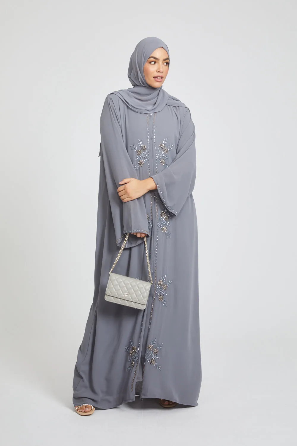 Premium Chic Shadow Floral Embellished Chiffon Open Abaya