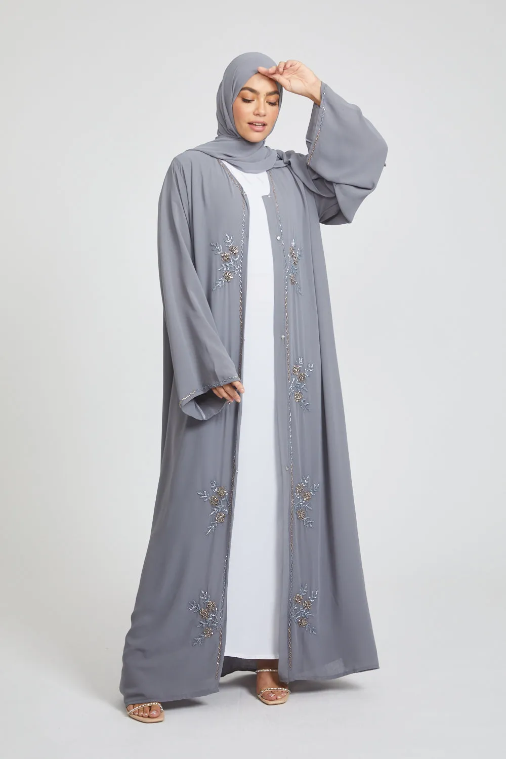 Premium Chic Shadow Floral Embellished Chiffon Open Abaya