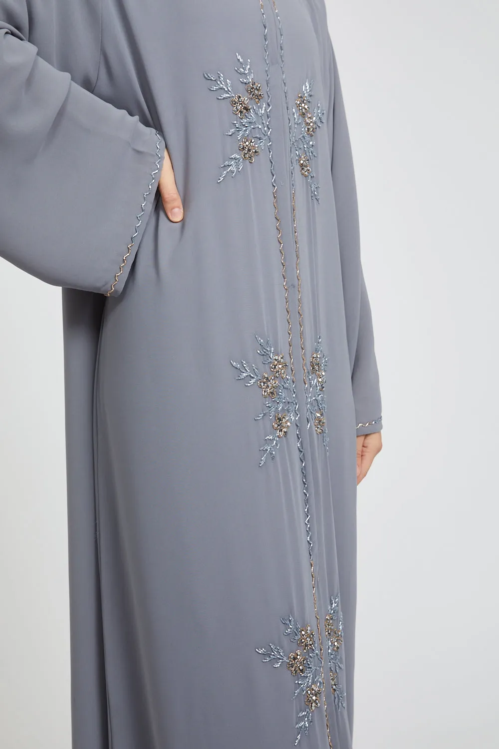Premium Chic Shadow Floral Embellished Chiffon Open Abaya