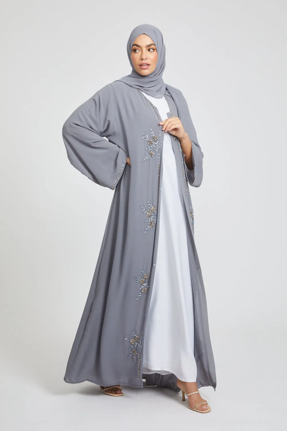 Premium Chic Shadow Floral Embellished Chiffon Open Abaya