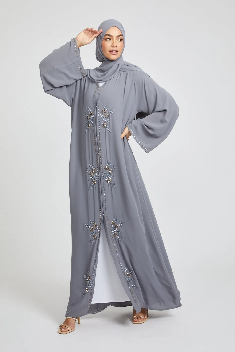 Premium Chic Shadow Floral Embellished Chiffon Open Abaya
