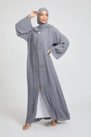 Premium Chic Shadow Floral Embellished Chiffon Open Abaya