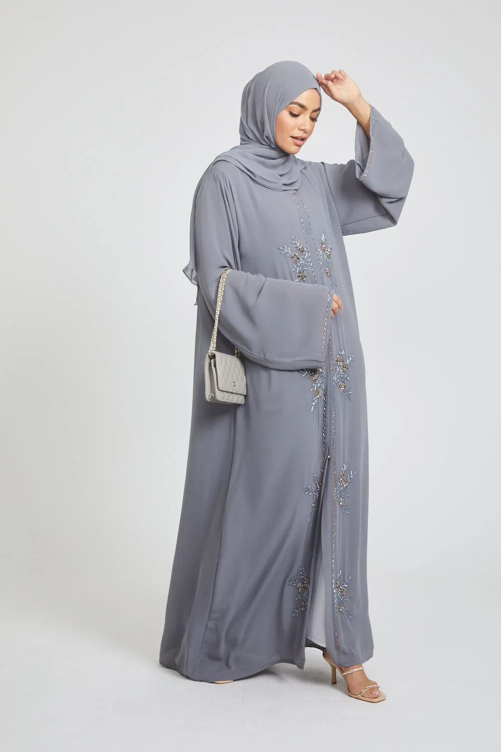 Premium Chic Shadow Floral Embellished Chiffon Open Abaya
