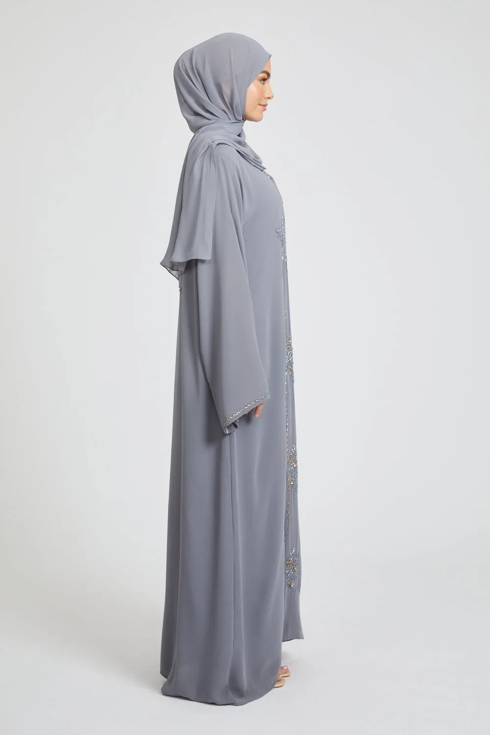 Premium Chic Shadow Floral Embellished Chiffon Open Abaya