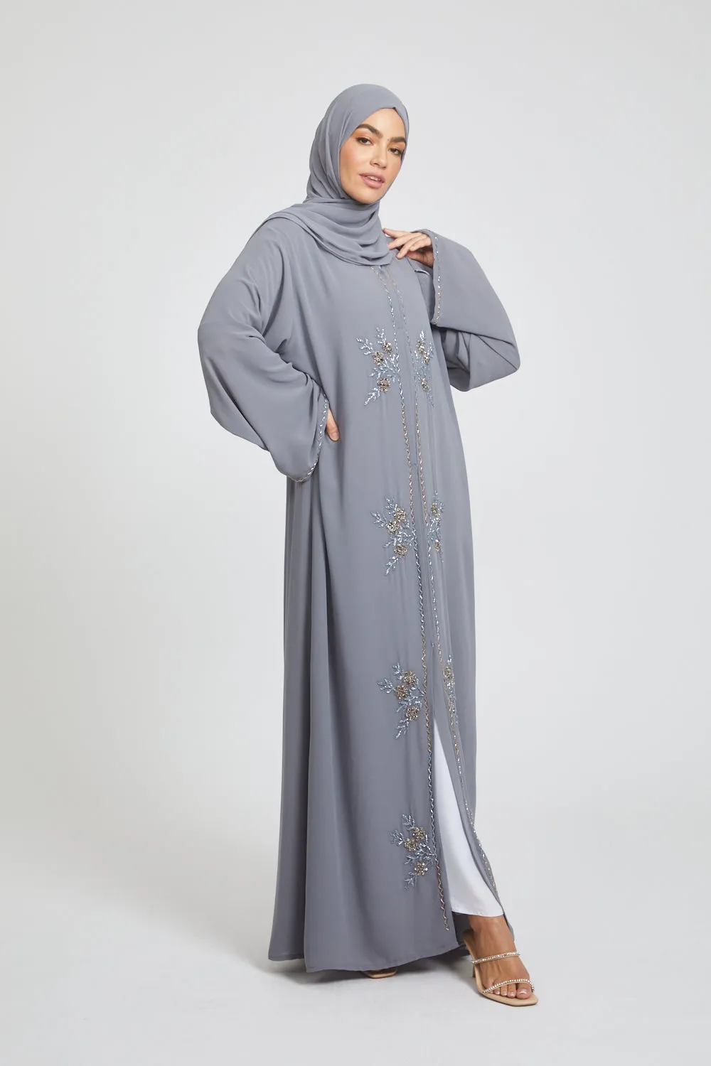 Premium Chic Shadow Floral Embellished Chiffon Open Abaya