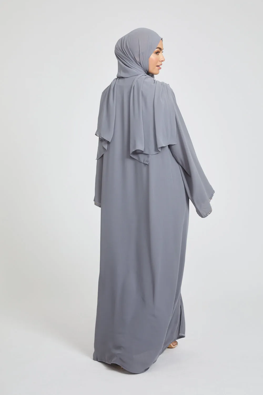 Premium Chic Shadow Floral Embellished Chiffon Open Abaya