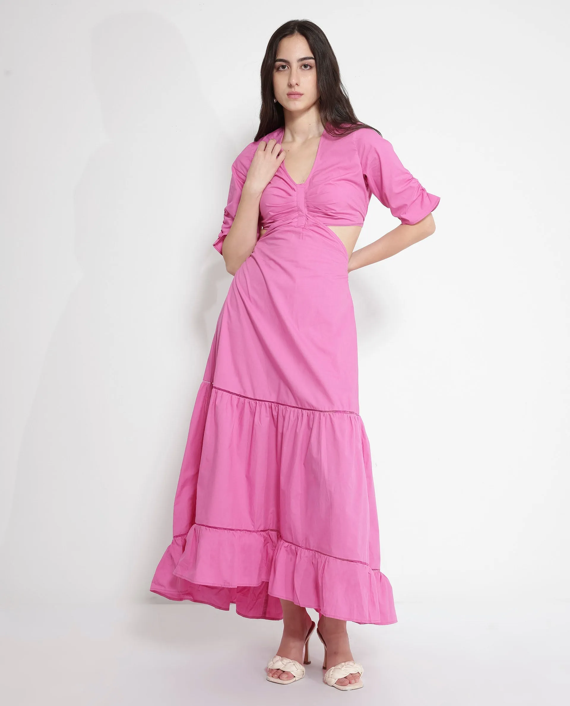 Rareism Women Lesman Pink Puff Sleeves V-Neck Fit And Flare Maxi Plain Dress