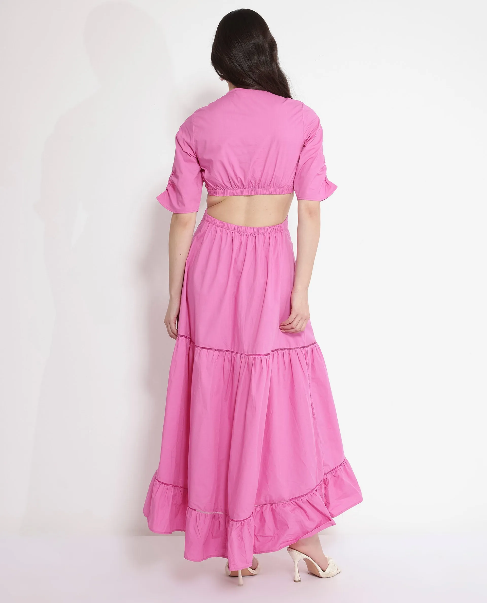Rareism Women Lesman Pink Puff Sleeves V-Neck Fit And Flare Maxi Plain Dress