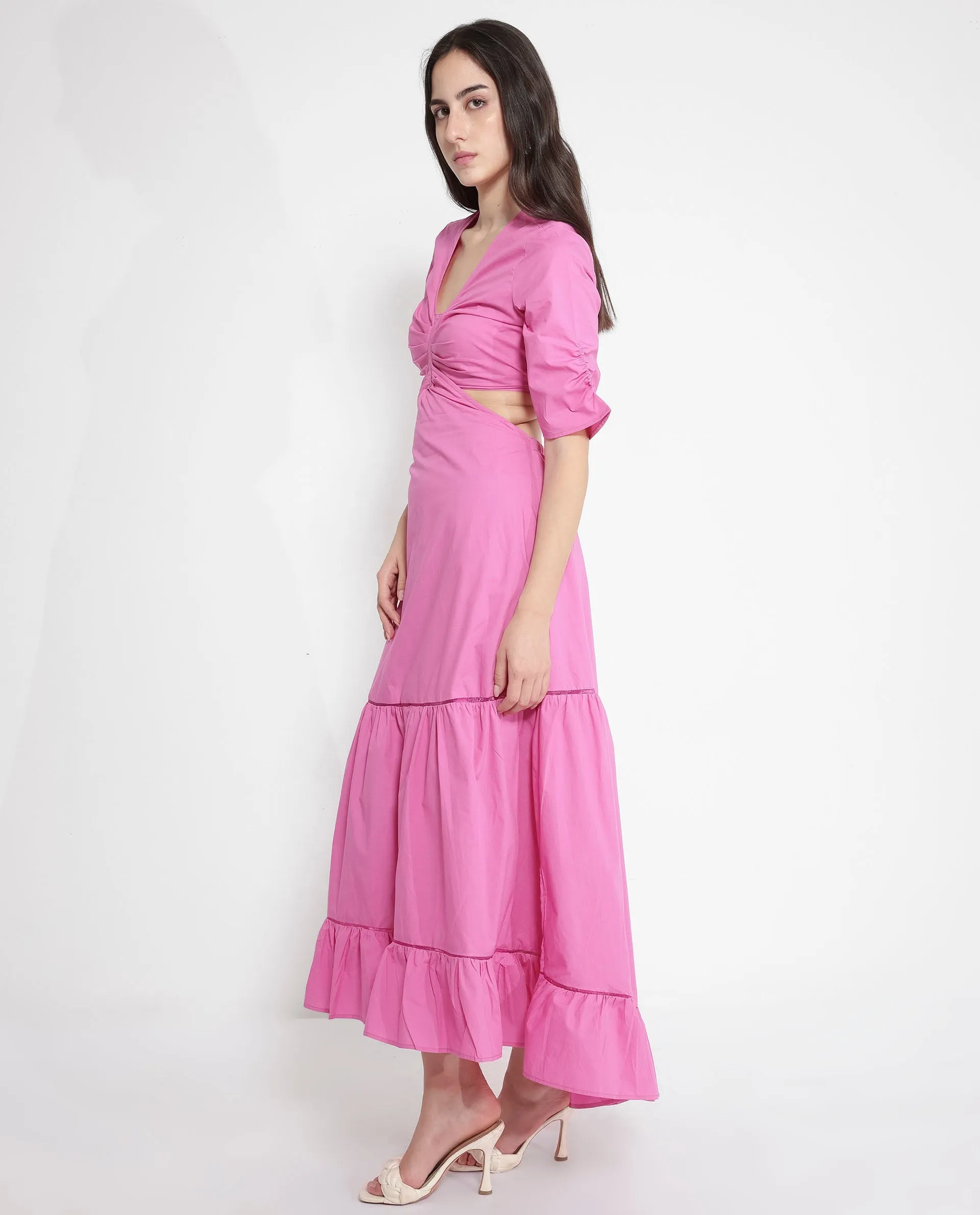 Rareism Women Lesman Pink Puff Sleeves V-Neck Fit And Flare Maxi Plain Dress