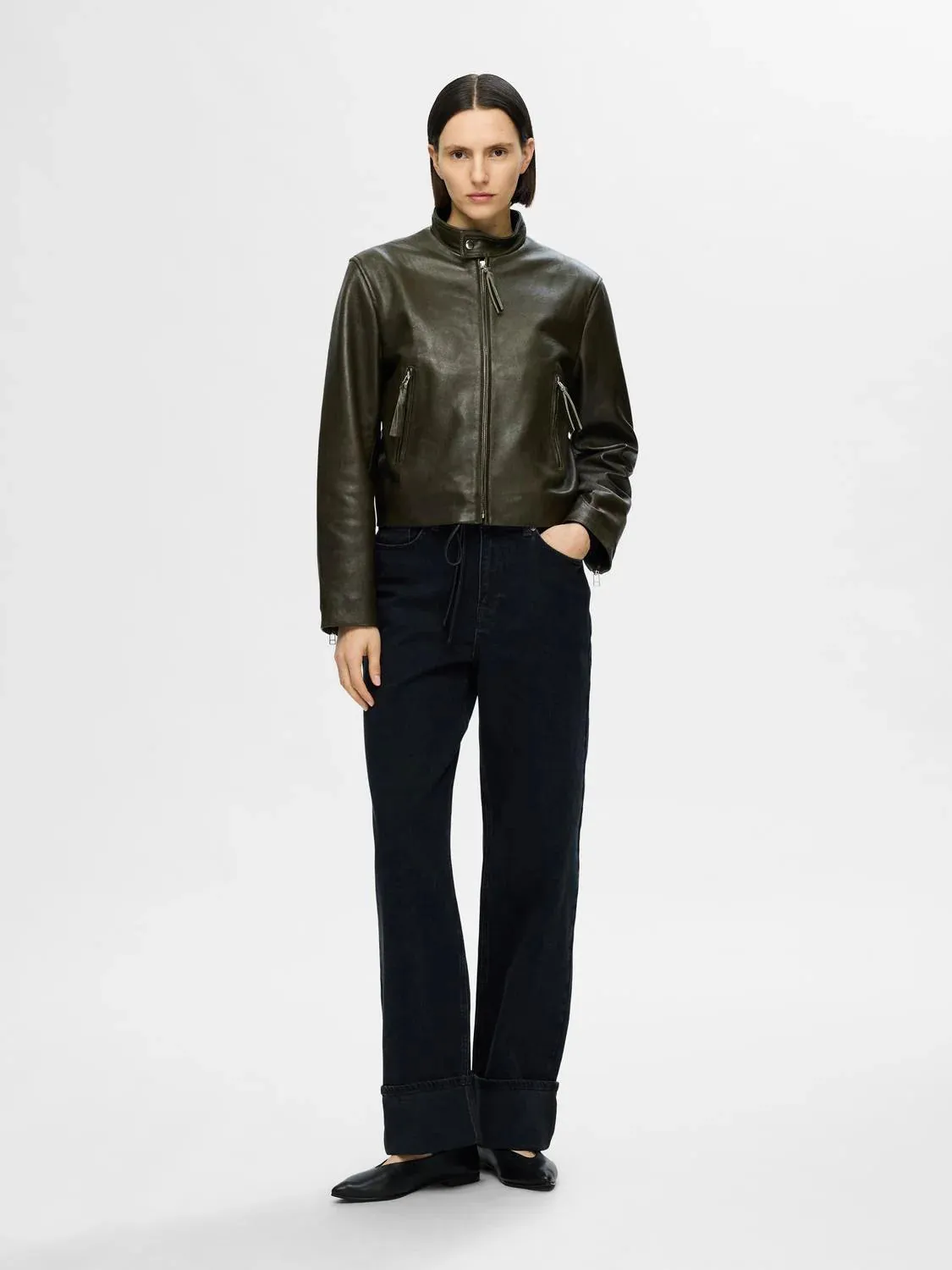 Selected Femme Lilja leather jacket Forest Night