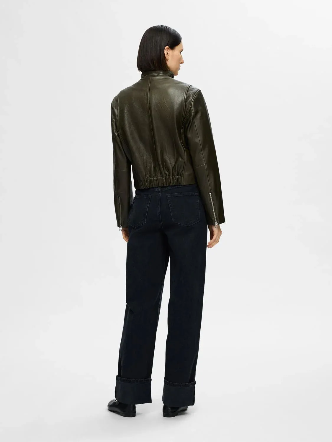 Selected Femme Lilja leather jacket Forest Night