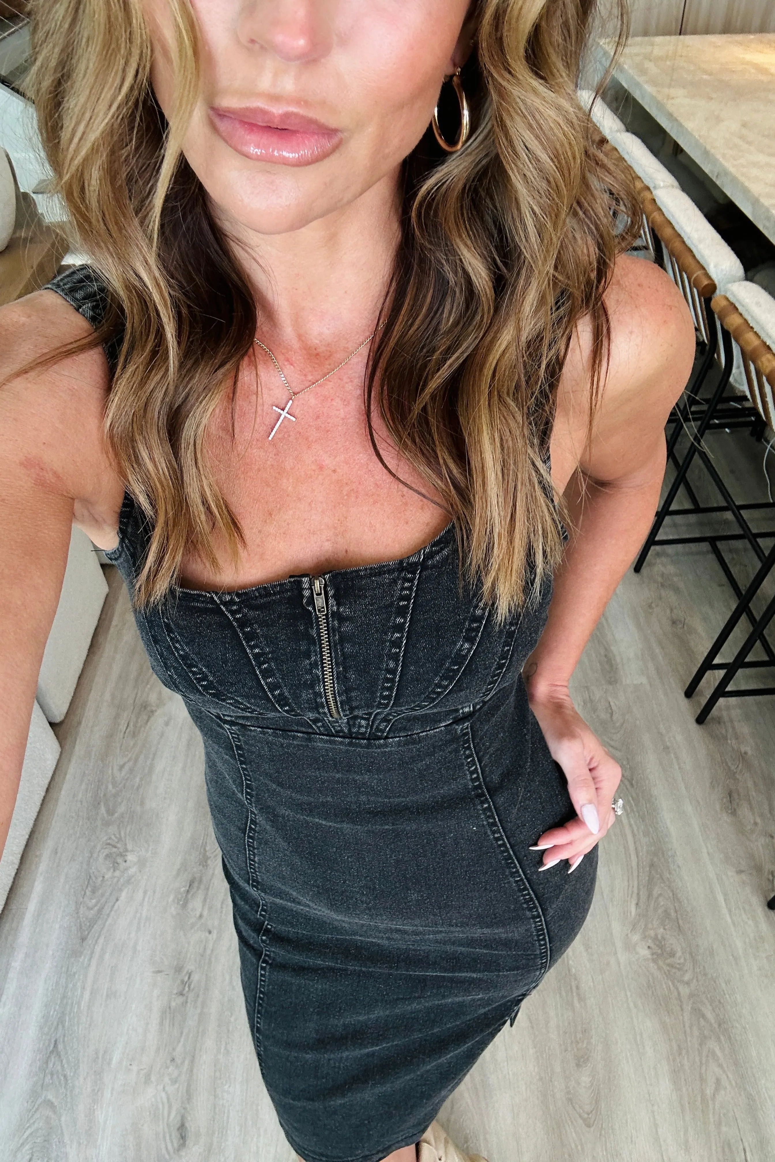 Side Slit Washed Scoop Neck Denim Dress