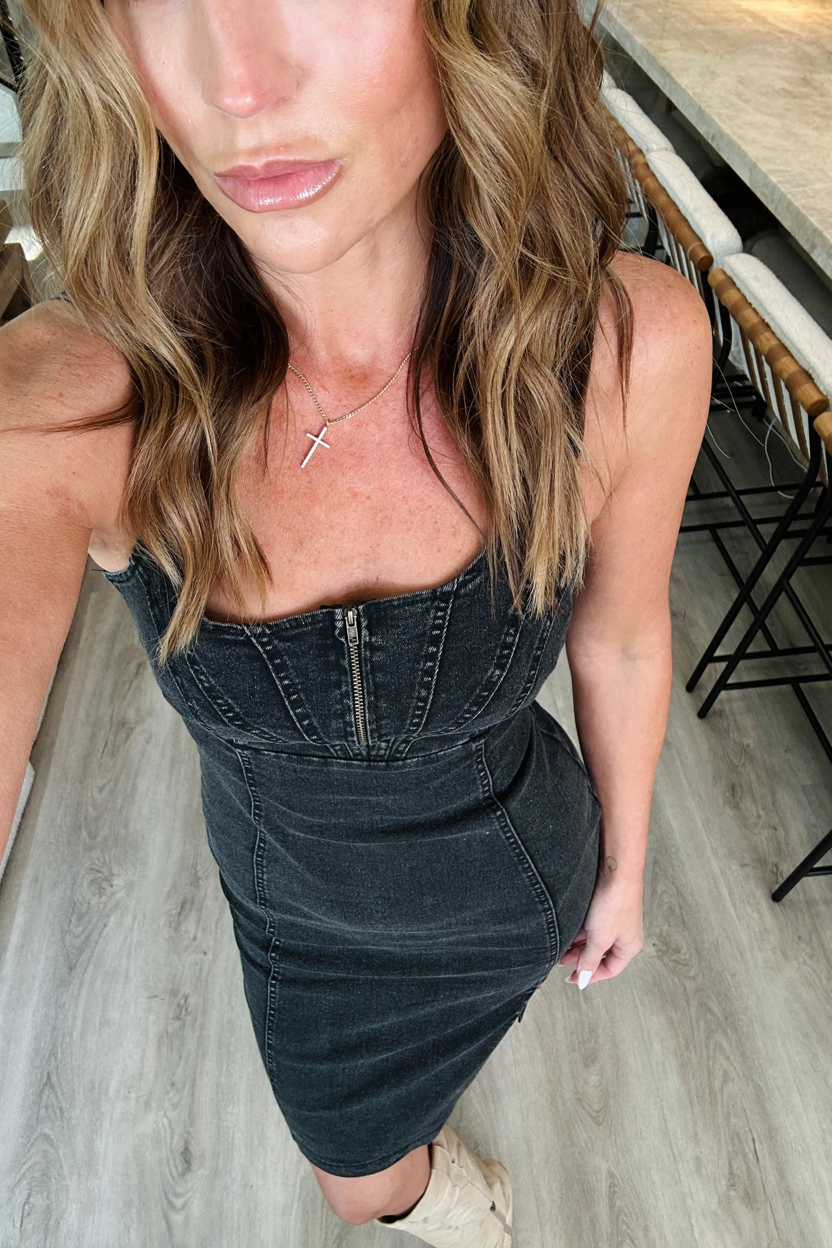 Side Slit Washed Scoop Neck Denim Dress