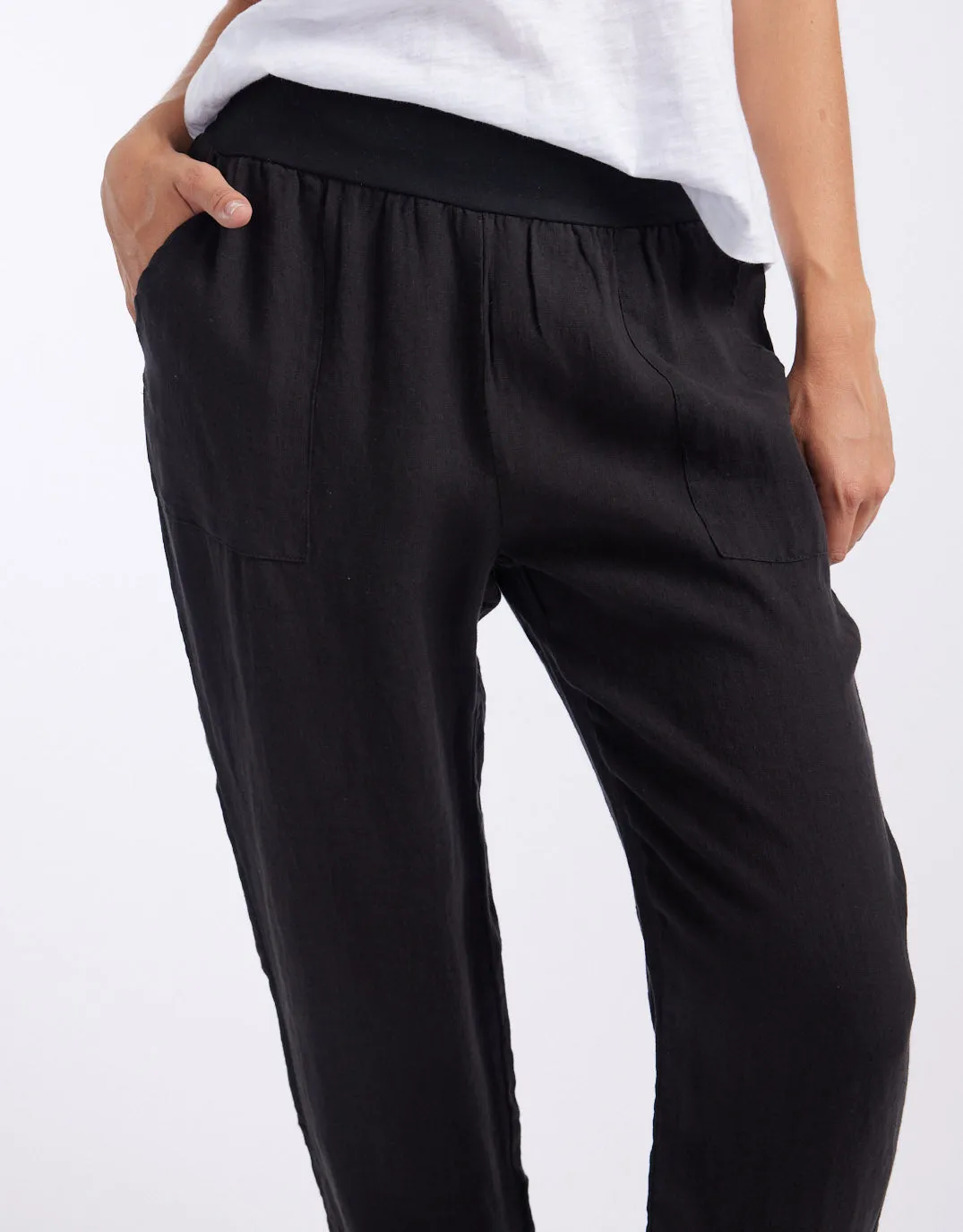 Sybil Jersey Waist Linen Pants - Black