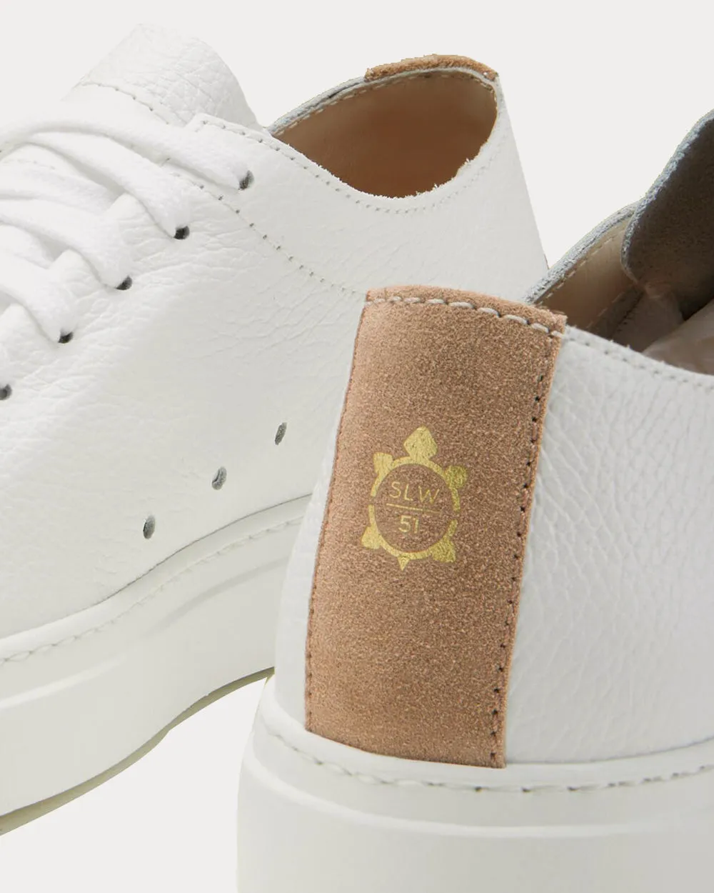 Textured Calf Leather Beige Detailing White Low Top Sneakers
