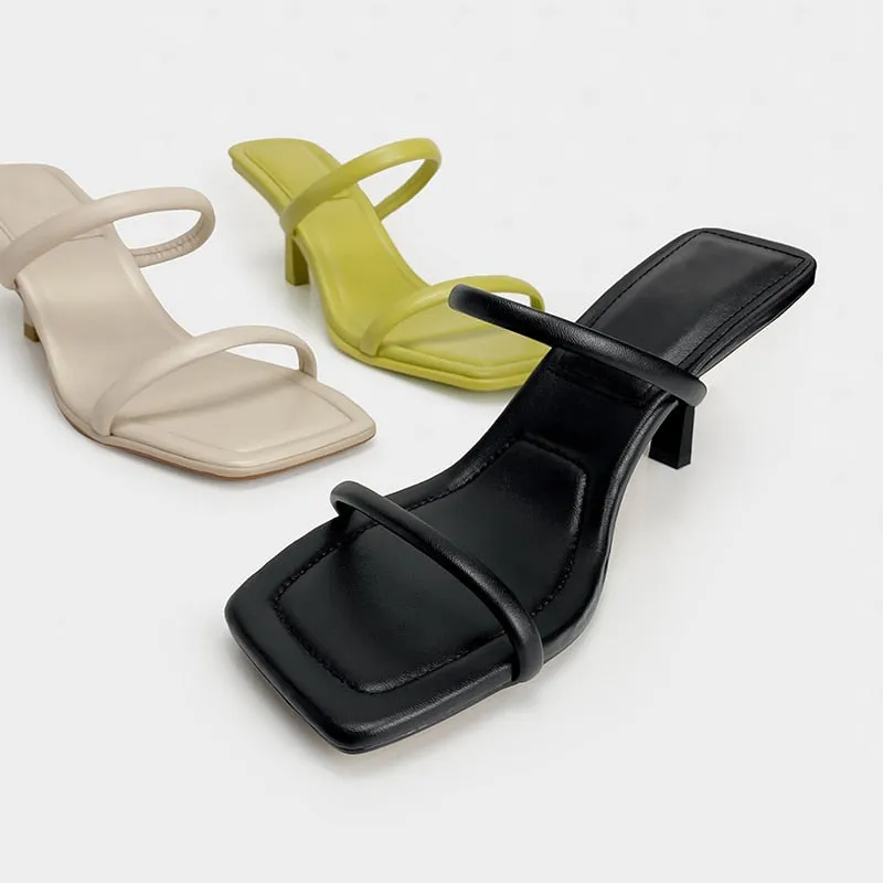 The Perfect Summer Medium High Heel Leather Sandals Square Toe Heeled Slippers Leather/ Leather Suede Uppers for Superior Comfort