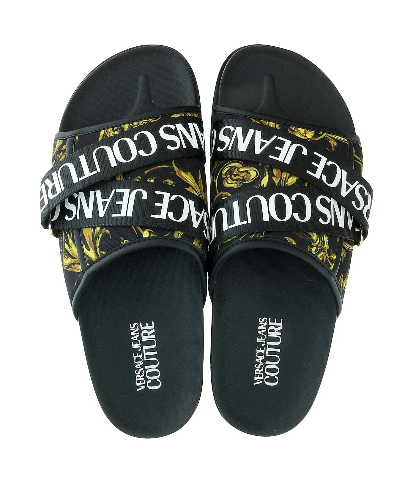 Versace Jeans Couture Black Gold Baroque Print Wide Strap Sandals-