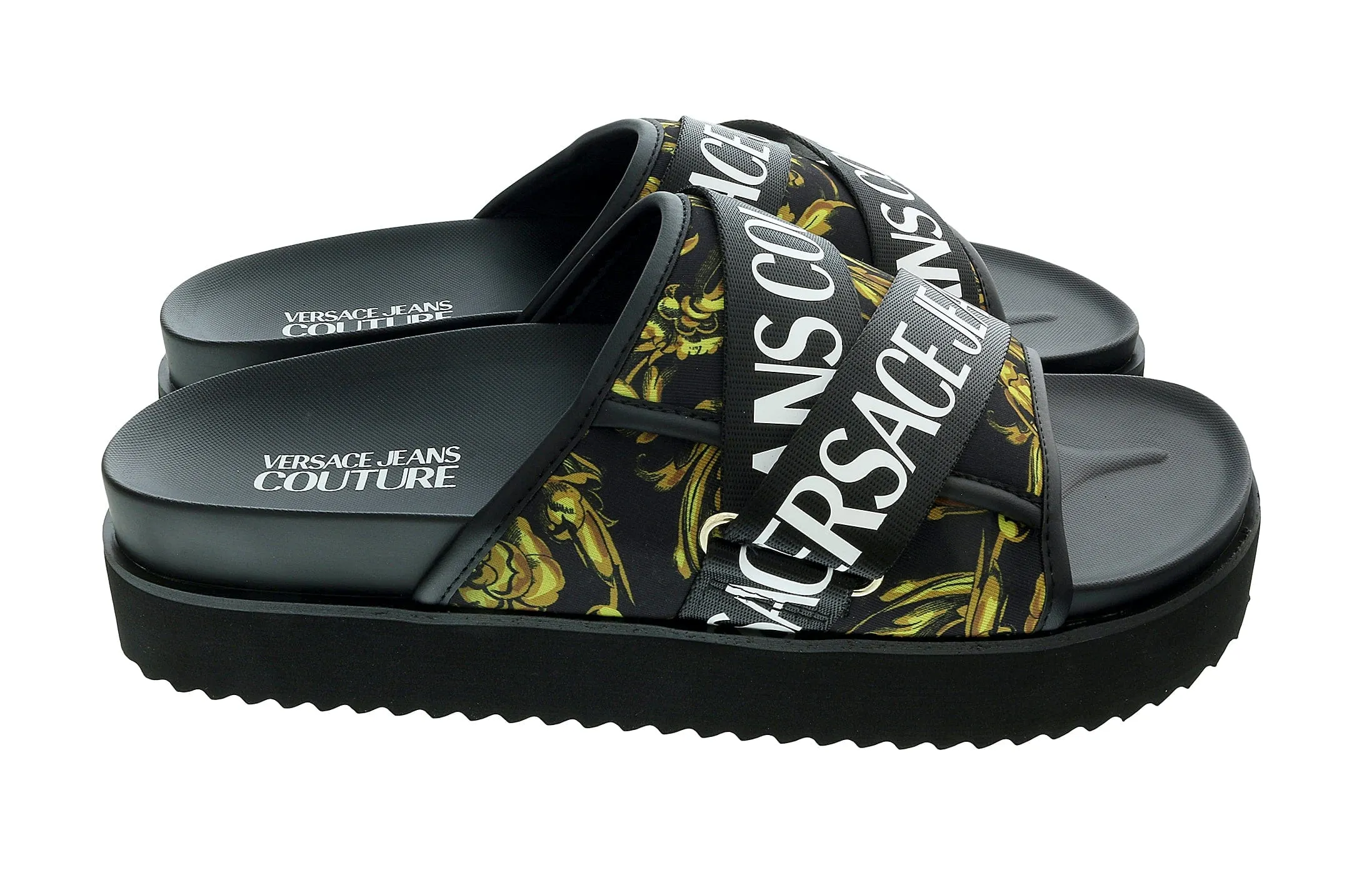 Versace Jeans Couture Black Gold Baroque Print Wide Strap Sandals-