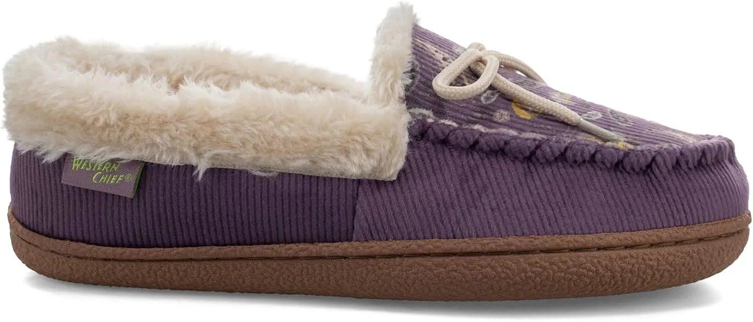 Western Chief Women's Elaine Slippers  Cozy Faux Fur Lining, Stylish Stitched Lace Detail for Indoor, Moccasin Slip-On Loafers Womens Shoes