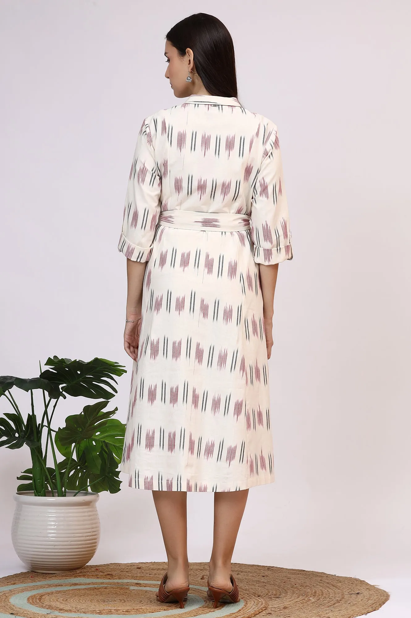 White Ikkat Pure Cotton A-line Shirt Dress with Belt