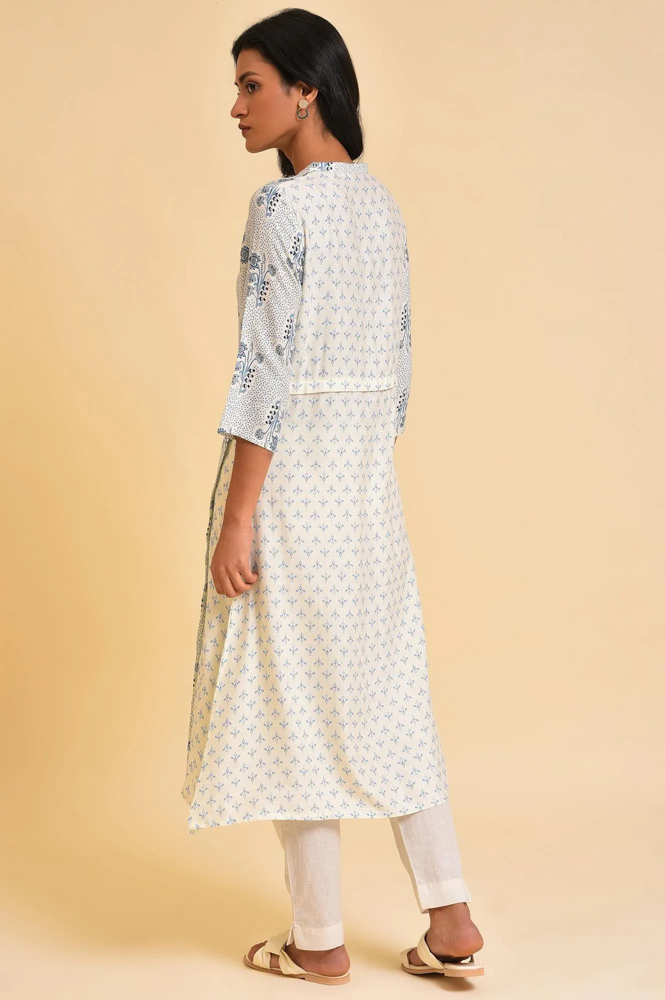 White Printed Button Down kurta