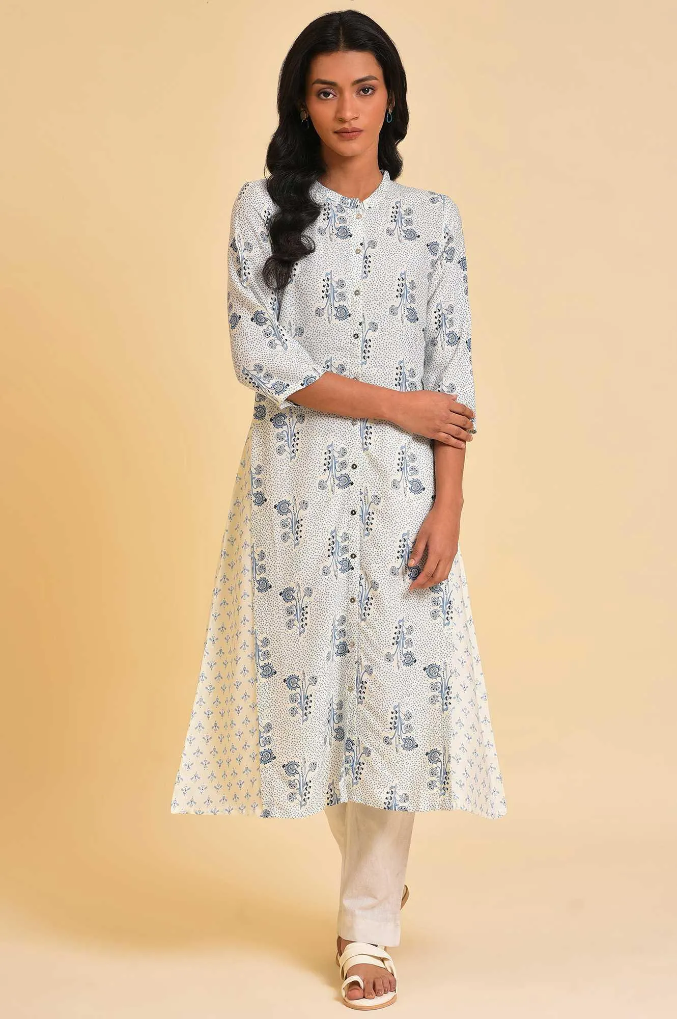 White Printed Button Down kurta
