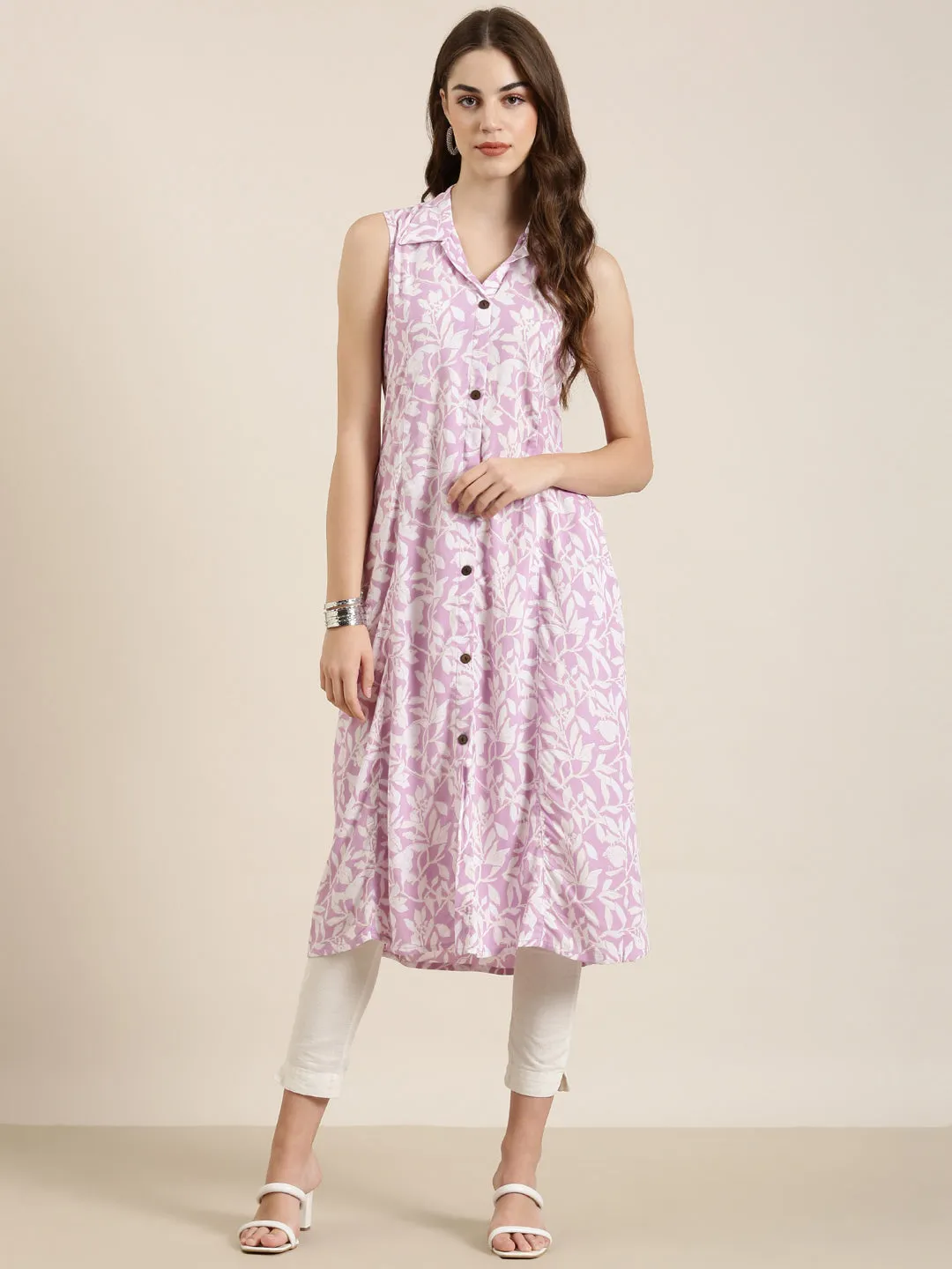 Women Lavender Floral A-Line Kurta