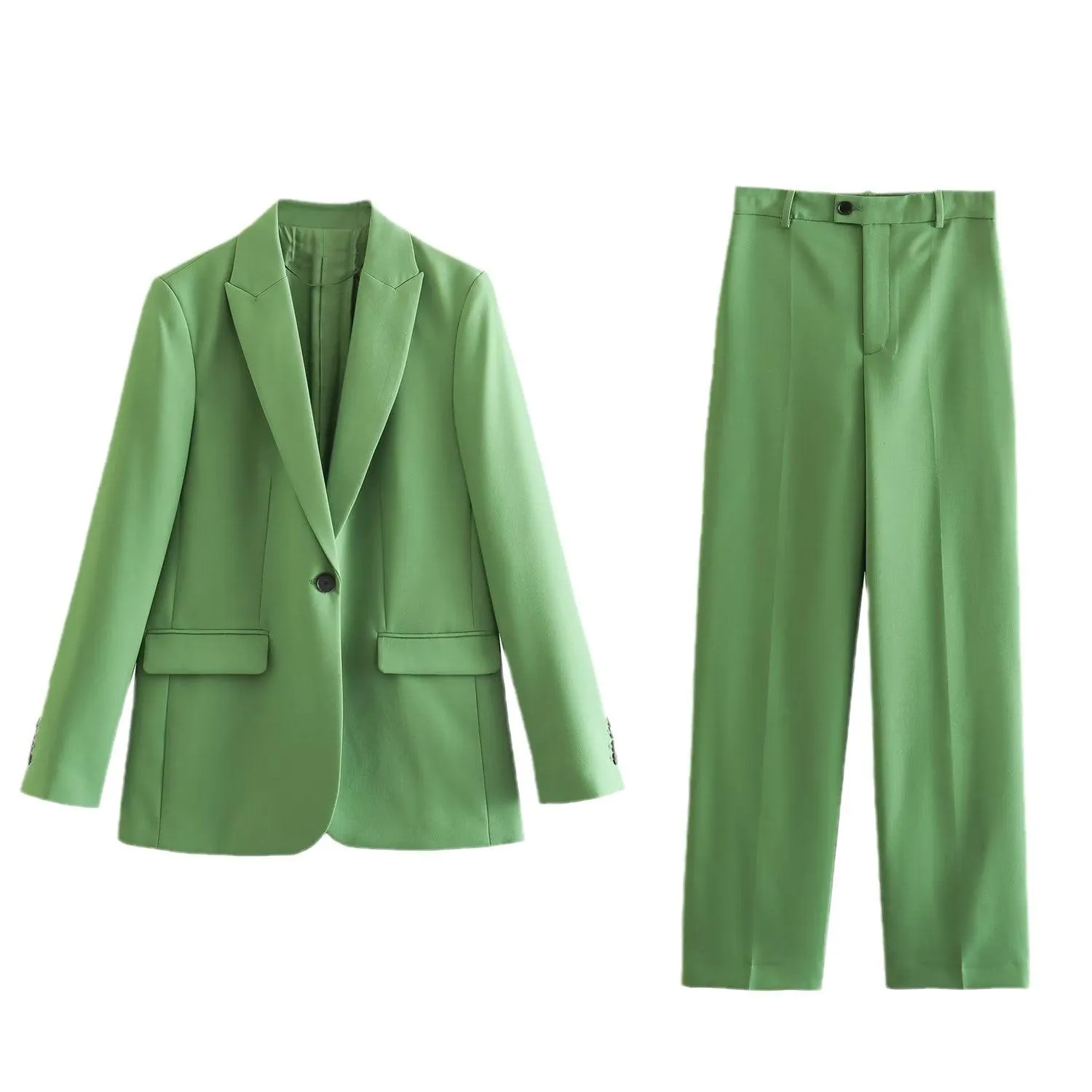 Women's Fashionable Simple Suit Jacket High Waist Baggy Straight Trousers Suit