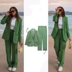 Women's Fashionable Simple Suit Jacket High Waist Baggy Straight Trousers Suit