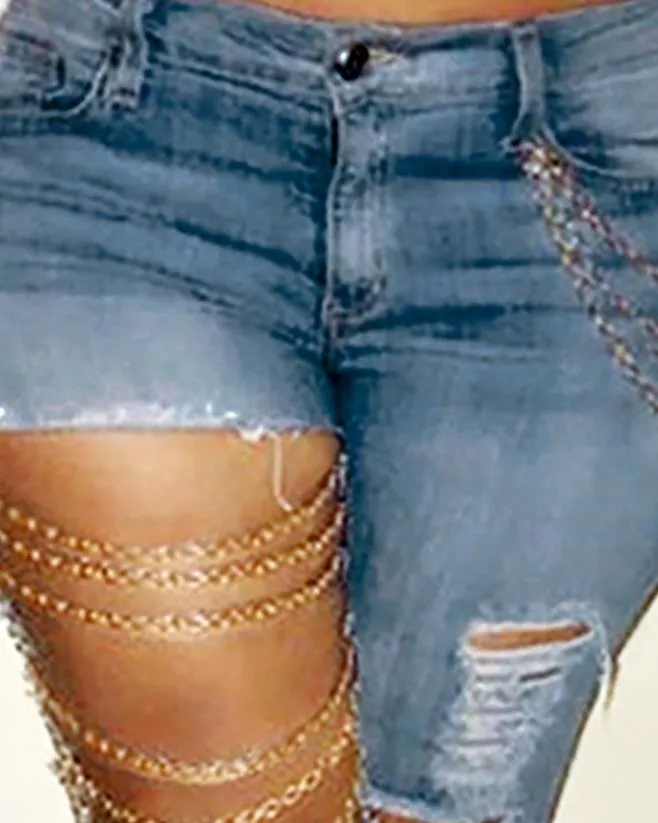 Women's Jeans Chic Ripped-Up Skinny Jeans with Delicate Chains Embelished Cutout Ripped Denim Skinny Pants Female Clothing Y2K Outfits